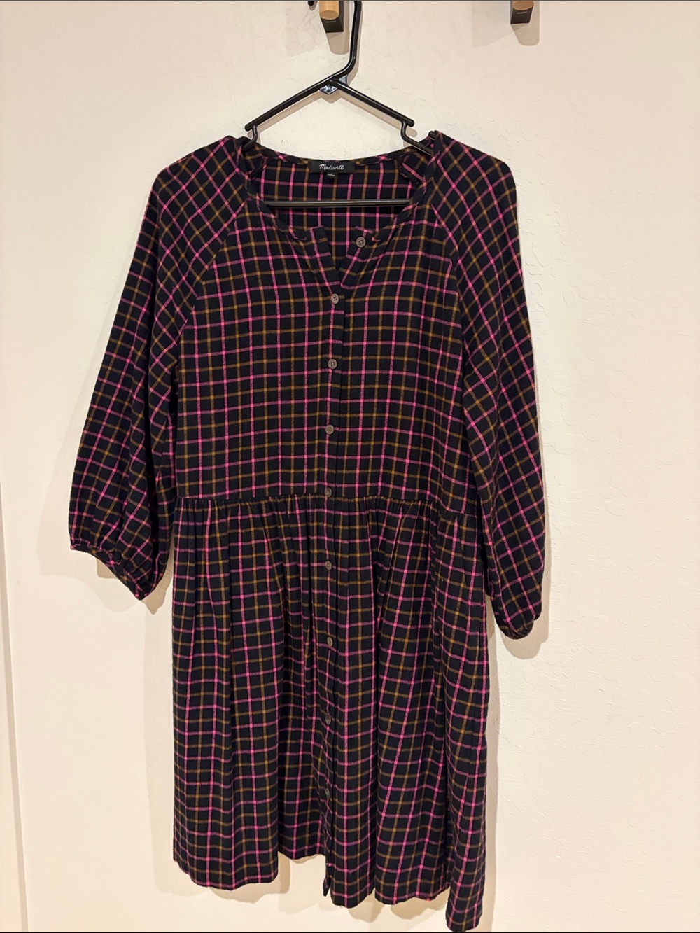 Madewell Black Plaid Button-Front Long Sleeve Dress with Pink and Yellow Grid